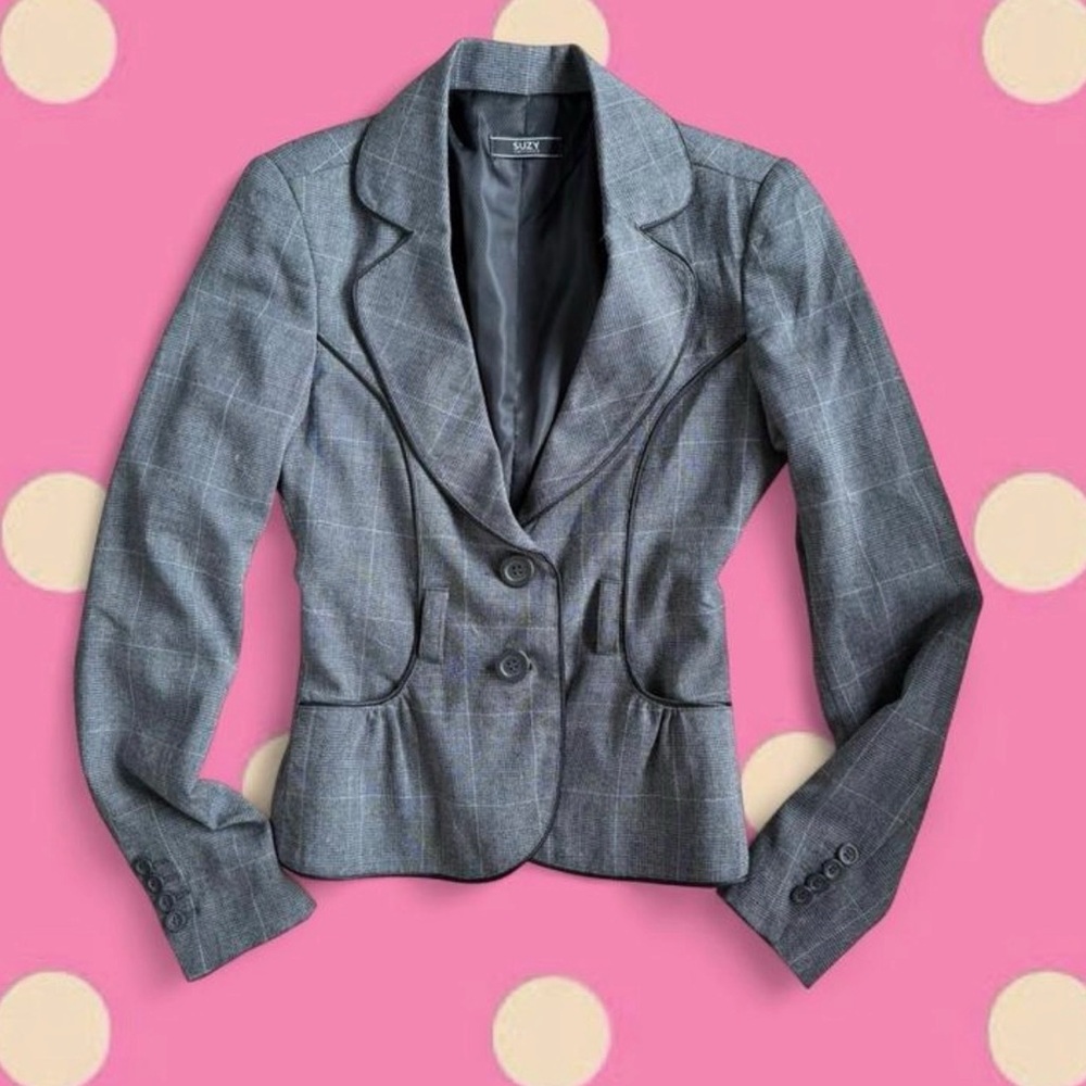 Suzy Shier Gray Plaid Tailored Women's Blazer Jacket